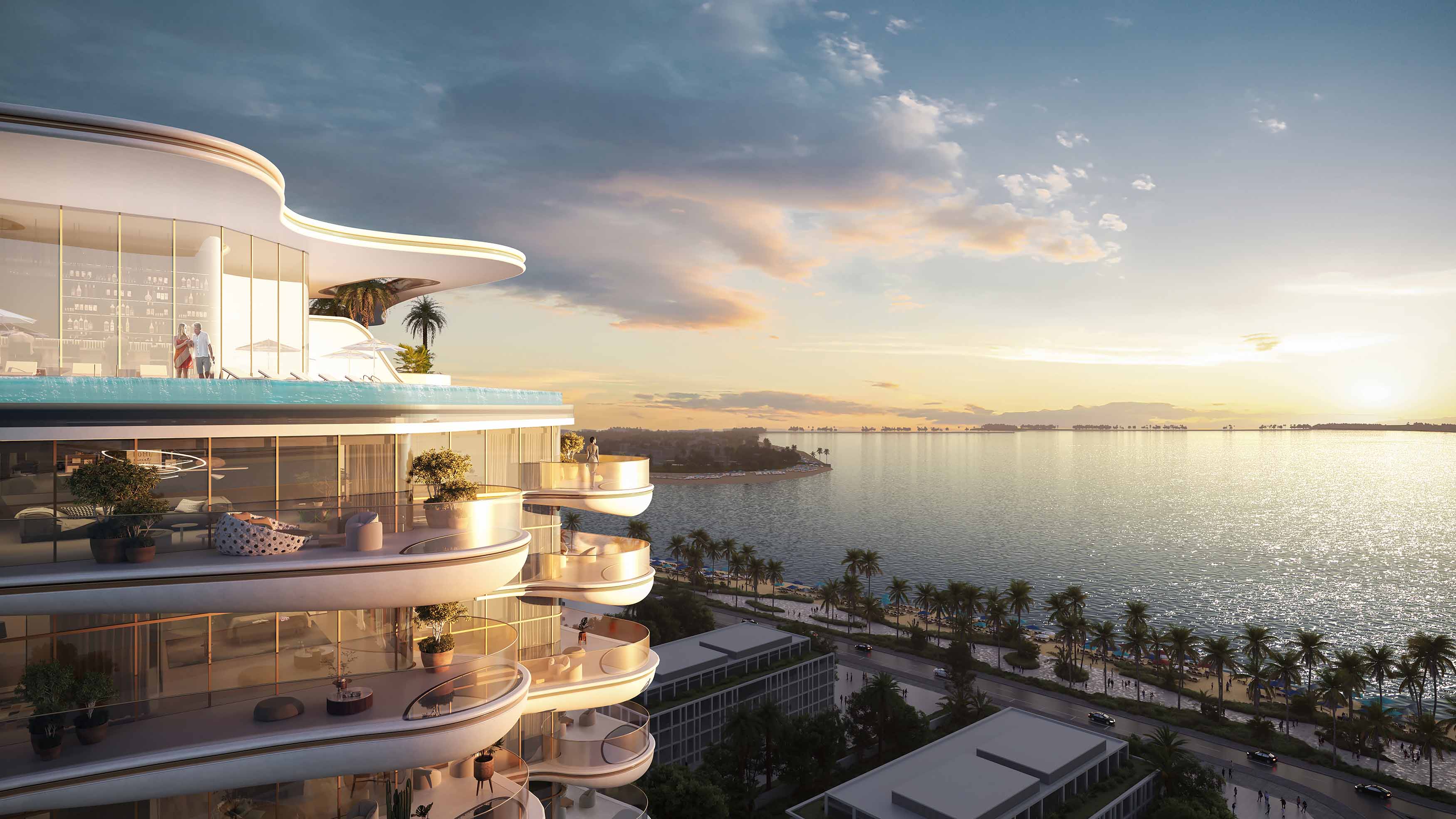 Beach Walk Grand By Imtiaz A modern waterfront building with curved balconies, a pool, and sunset views over a calm sea and palm trees.